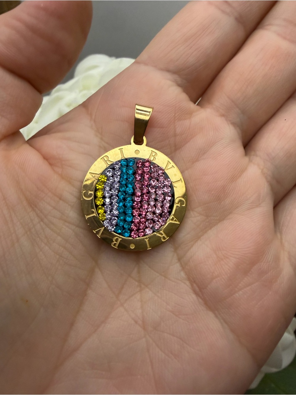 Stainless steel Pendant with Pink, Blue, Yellow Crystals